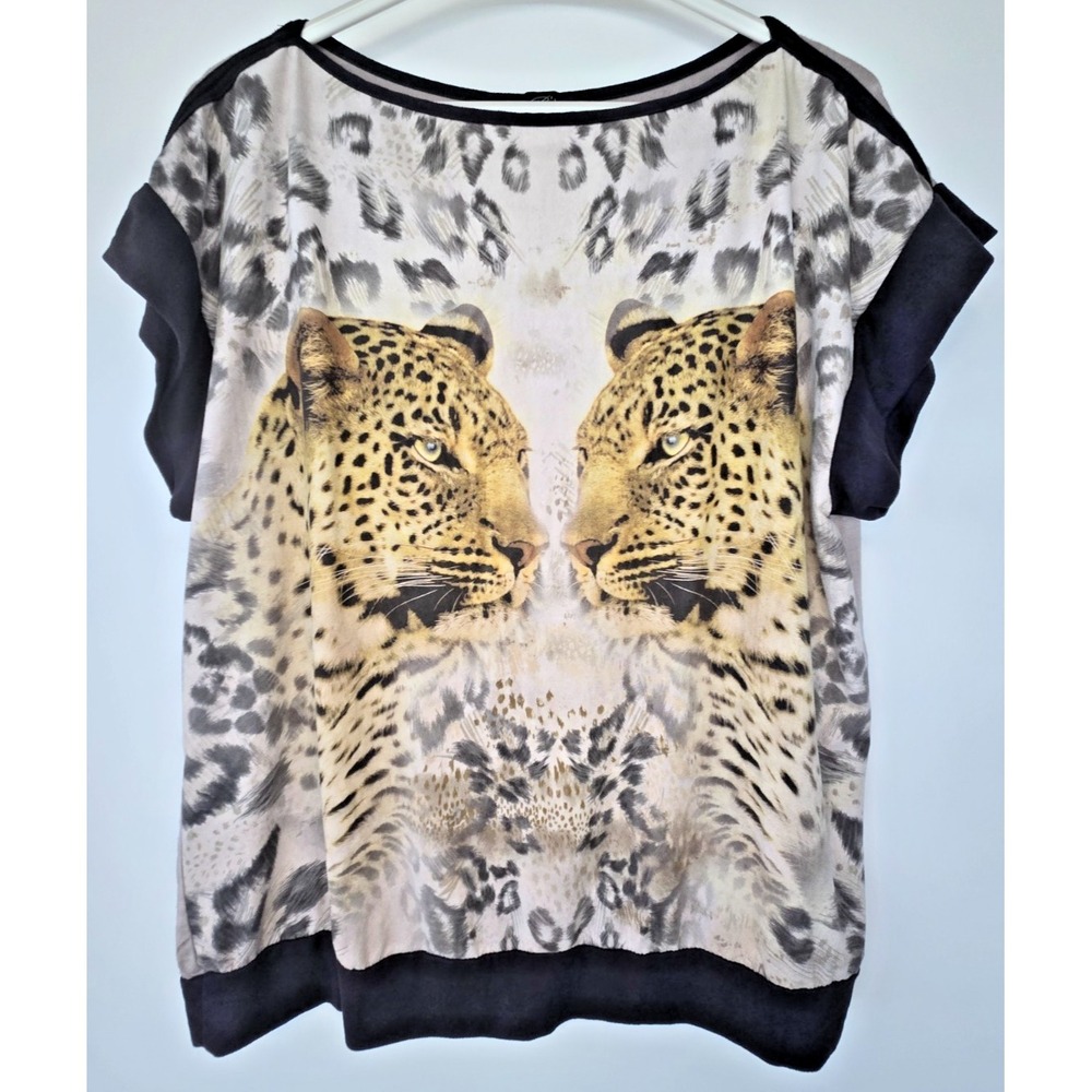 Two Tigers Animal Print Top Y2K 80s Artsy Glam Size L  Black Striped Cap Sleeves